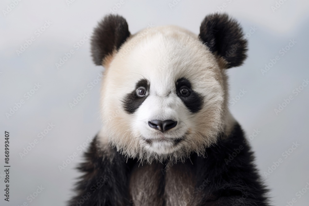 Fototapeta premium Close-up portrait of a cute panda bear with black and white fur, looking directly at the camera.