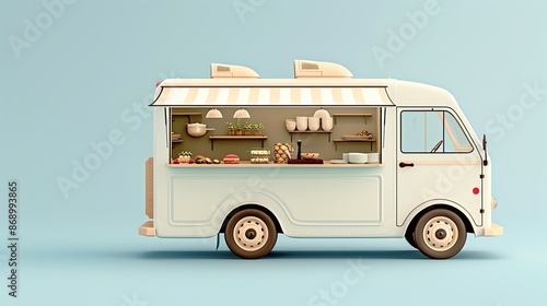 Vintage food truck with pastel colors offering bakery goods and coffee. Ideal for dining concepts, street food, and outdoor catering visuals.