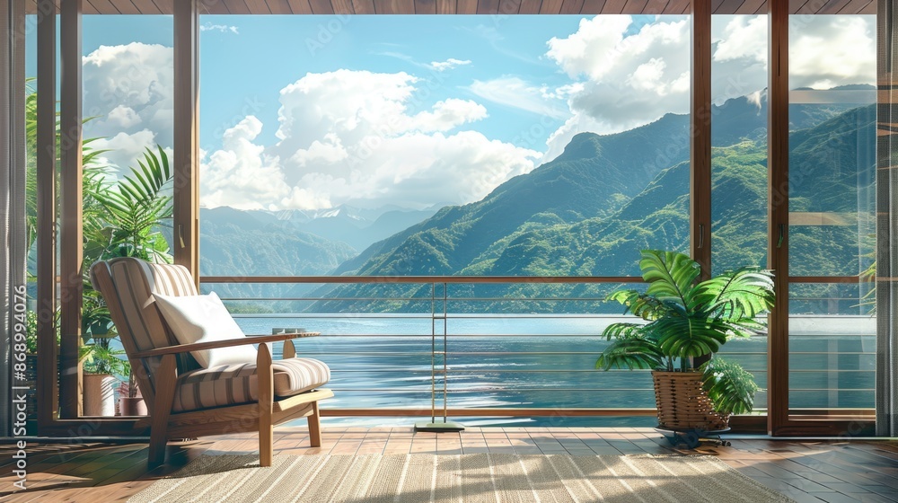 Fototapeta premium resort vacation home interior design wooden and cosy chair on comfort balcony daylight with beautiful nature sky background house beauty ideas concept
