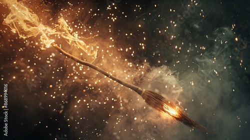 Vintage Halloween broomstick aerial view with dramatic lighting and sparks