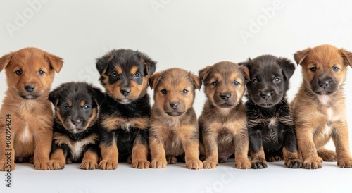Six Adorable Rottweiler Puppies Posing in a Row on White Background