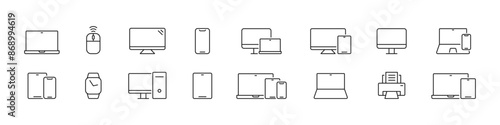 Device icons set. Electronic devices, technology, computers, mobile phones. Vector