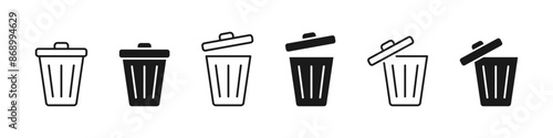 Trash bin icons set. Garbage can symbol, logo. Vector