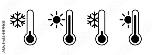 Temperature icons set. Thermometer symbol with sun and snowflake. Vector