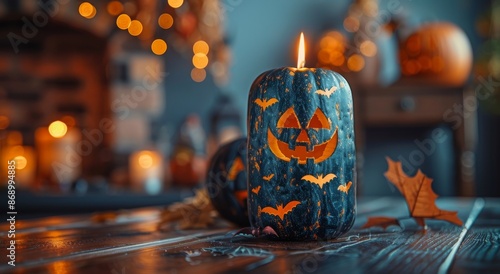 Illuminated Jack OLantern and Candles With Autumn Leaves for Halloween