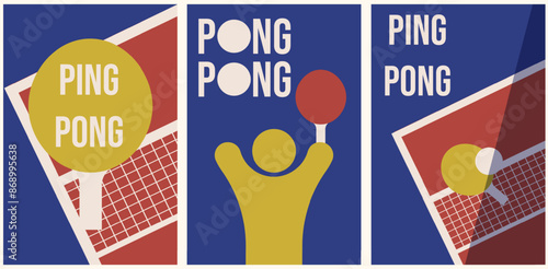 Vertical design Olympics  Ping Pong posters template, Ping-Pong table and rackets in trendy simple abstract style. Geometrical vector illustration can used web and social media.