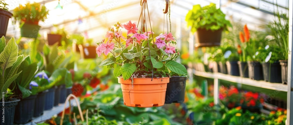 Exotic plants in pots hang on wires in a nursery garden with a protective film roof Exotic plants in pots hang on wires in a nursery garden with a protective film roof