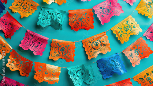 background with abstract versions of traditional papel picado banners in bright, bold colors, creating a festive and lively atmosphere