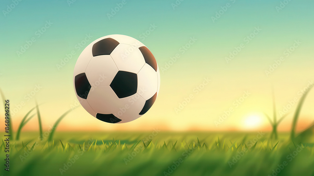 Fototapeta premium A classic soccer ball floats in the air above a grassy field at sunset.
