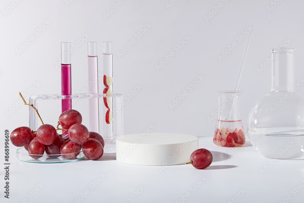 Lab Podium The white empty podium placed in the center of white lab table top, on ...