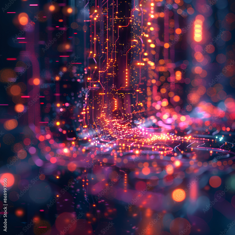 Fototapeta premium Abstract digital city lights with glowing lights, showcasing a vibrant and futuristic urban landscape at night.