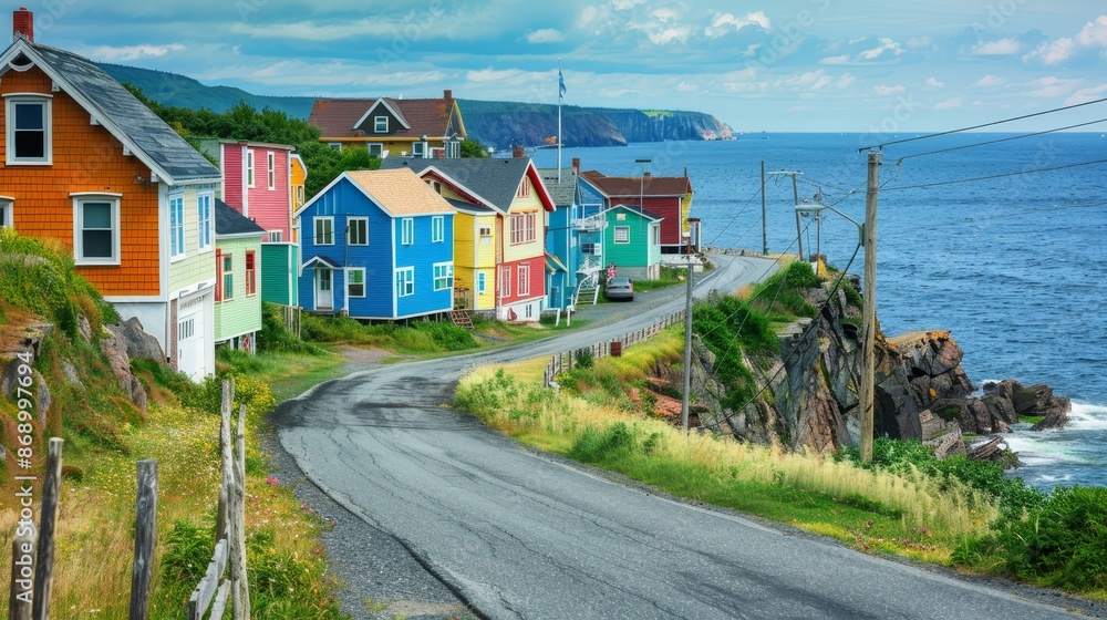Obraz premium Landscape view of colorful houses along a rocky shoreline, blue sea in the background, winding road in foreground, vibrant and picturesque