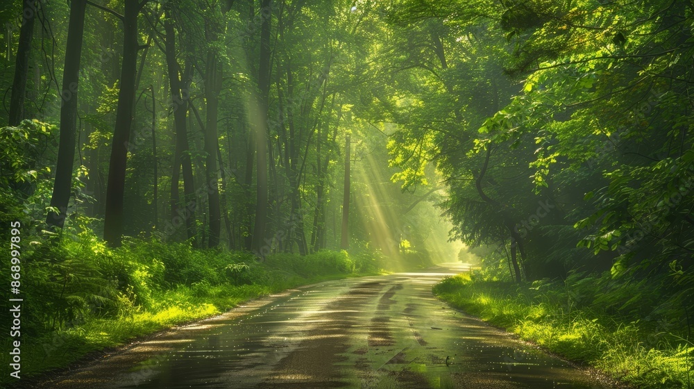 Lush forest road with sunlight streaming through, dense greenery, sparkling stream running alongside, peaceful and captivating Lush forest road with sunlight streaming through, dense greenery, sparkling stream running alongside, peaceful and captivating