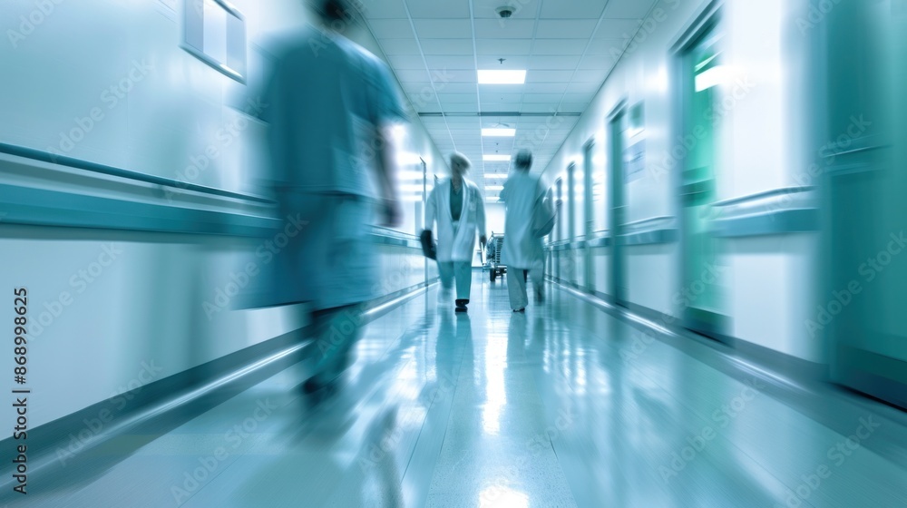 Blurred image of doctor and patient in hospital corridor. Blur image. Background image. Blurred image of doctor and patient in hospital corridor. Blur image. Background image.
