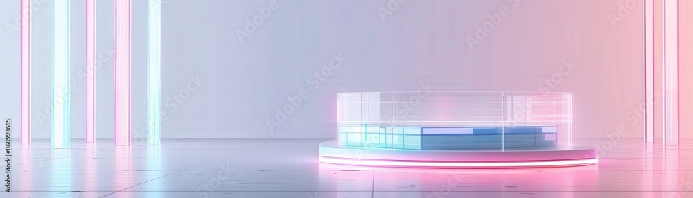 Obraz premium Abstract platform with neon light and pink background.