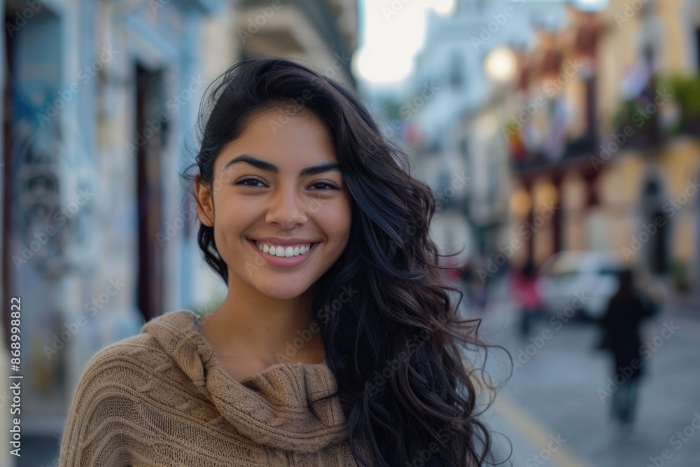 Woman smiling with long dark hair Woman smiling with long dark hair
