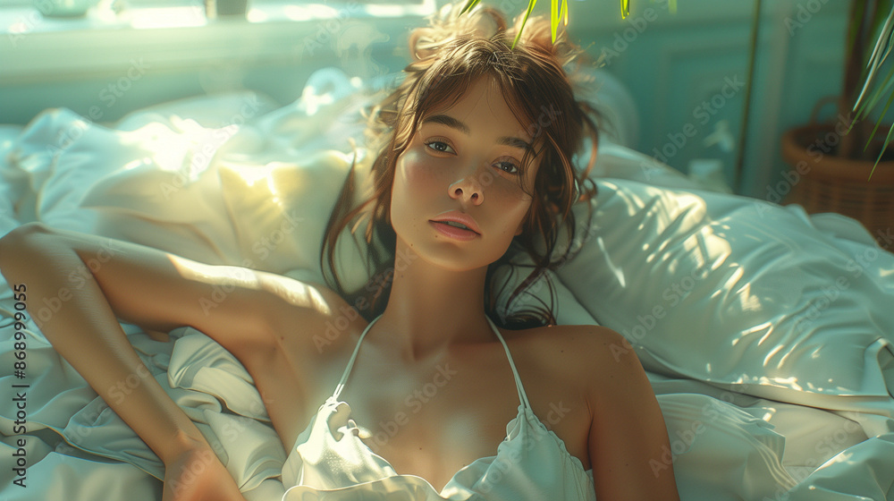 Portrait of a beautiful girl lying on a comfortable bed Portrait of a beautiful girl lying on a comfortable bed