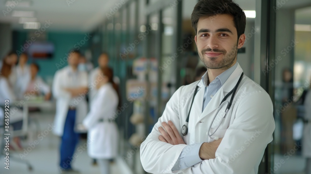Confident smiling doctor posing and hospital with arms folded across chest and medical team working in the background. Hospital. Clinic. Confident smiling doctor posing and hospital with arms folded across chest and medical team working in the background. Hospital. Clinic.