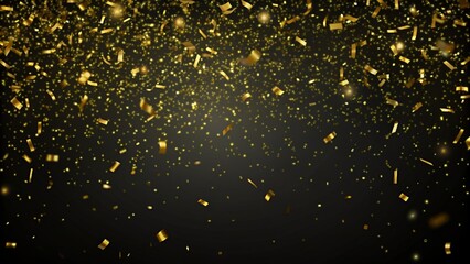 border of raining gold confetti in the party night, golden falling sparks isolated on black background, cheerful celebration concept with advertising space in the middle for holiday season