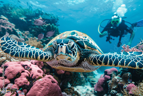 Scuba diver photographing a Hawksbill turtle swimming over a coral reef in the blue sea photo