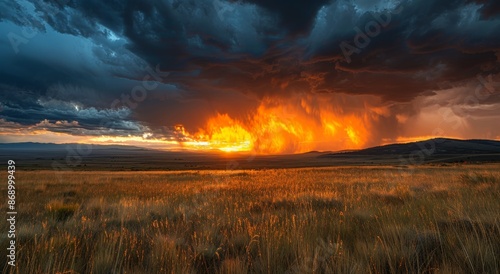 A Dramatic Sunset Over a Golden Grassland Landscape