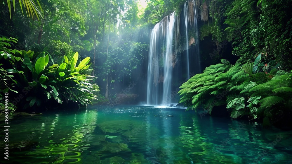 Majestic waterfall in a lush rainforest, surrounded by dense greenery, crystal clear water, tranquil and enchanting scene Majestic waterfall in a lush rainforest, surrounded by dense greenery, crystal clear water, tranquil and enchanting scene