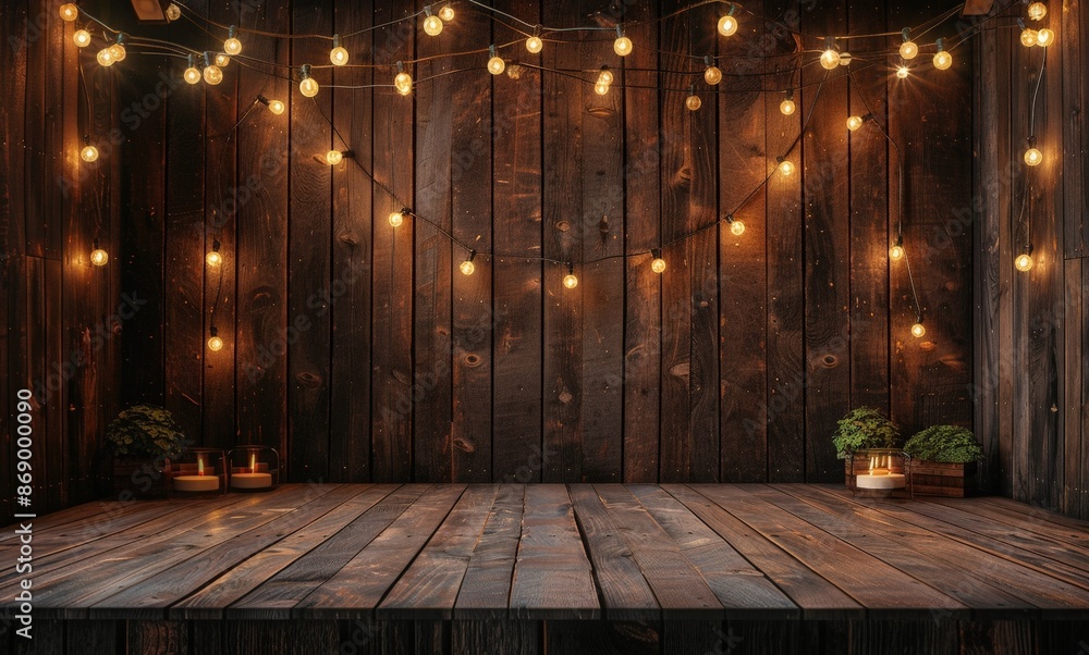 Rustic Wooden Background with String Lights and Tabletop. Rustic Wooden Background with String Lights and Tabletop.