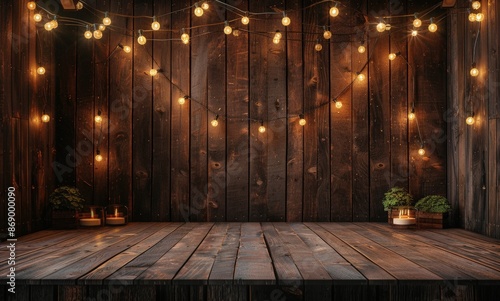 Rustic Wooden Background with String Lights and Tabletop.