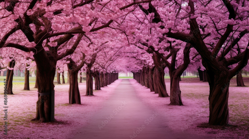 Naklejka premium Pathway by pink cherry trees in full pink blossom a serene and enchanting atmosphere