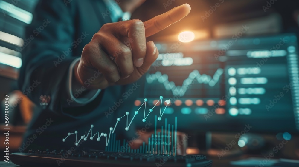 Businessman Pointing at Upward Trend Graph. Businessman Pointing at Upward Trend Graph.