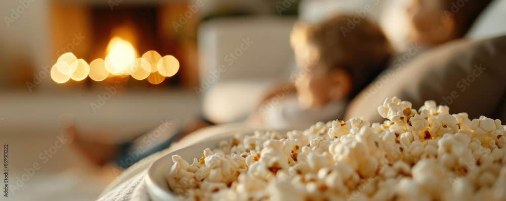 A happy family lounging on a cozy sofa, watching a movie together in a warm and inviting living room A happy family lounging on a cozy sofa, watching a movie together in a warm and inviting living room