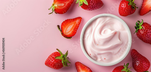 An overhead shot of strawberry yogurt with a swirl of strawberry puree and sliced strawberries, emphasizing its flavor