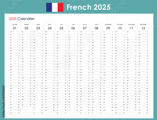 Wall planner for 2025 in French. One page annual calendar with copy space for notes.