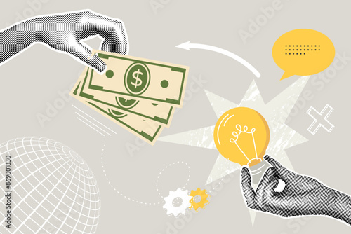 Trendy halftone business concept collage. Idea concept, favorable conditions, financial profit. Trendy modern retro illustration. Business concept, financial planning. Vector illustration
