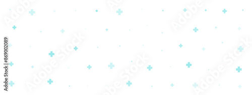 Green cross or plus symbols of different sizes and opacity on white background. Abstract pattern of blue medical cross or mathematical plus pictogram. Vector illustration on cyan background with stars