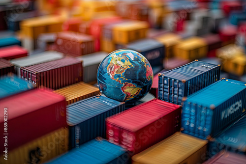 Miniature cargo containers surrounding a globe, illustrating global distribution photo