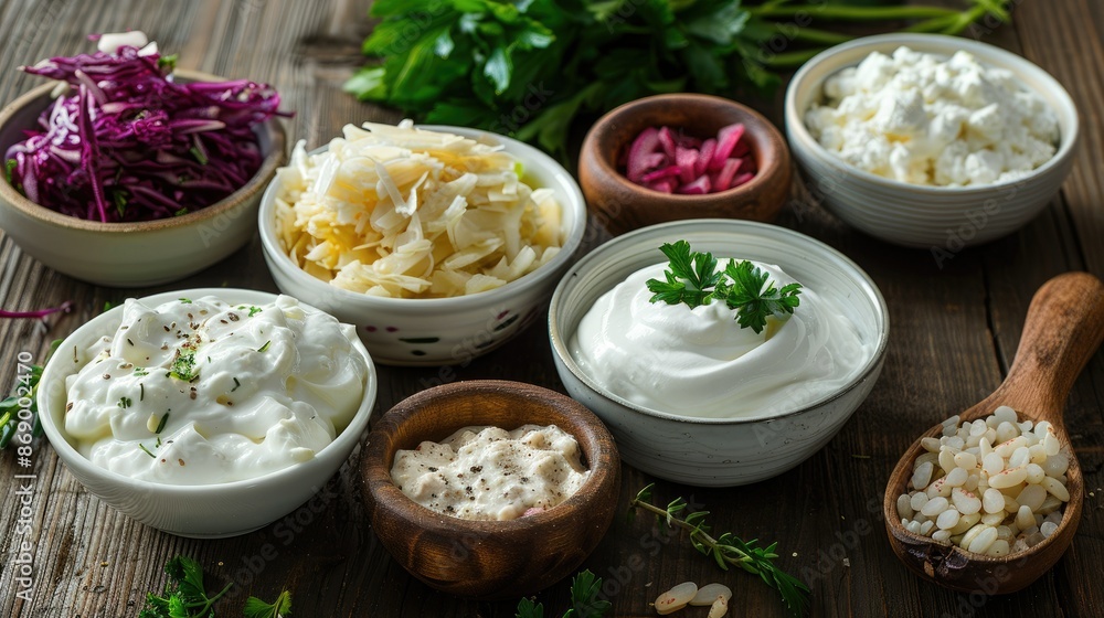 Selection of probiotic-rich foods like yogurt, kefir, and sauerkraut Selection of probiotic-rich foods like yogurt, kefir, and sauerkraut