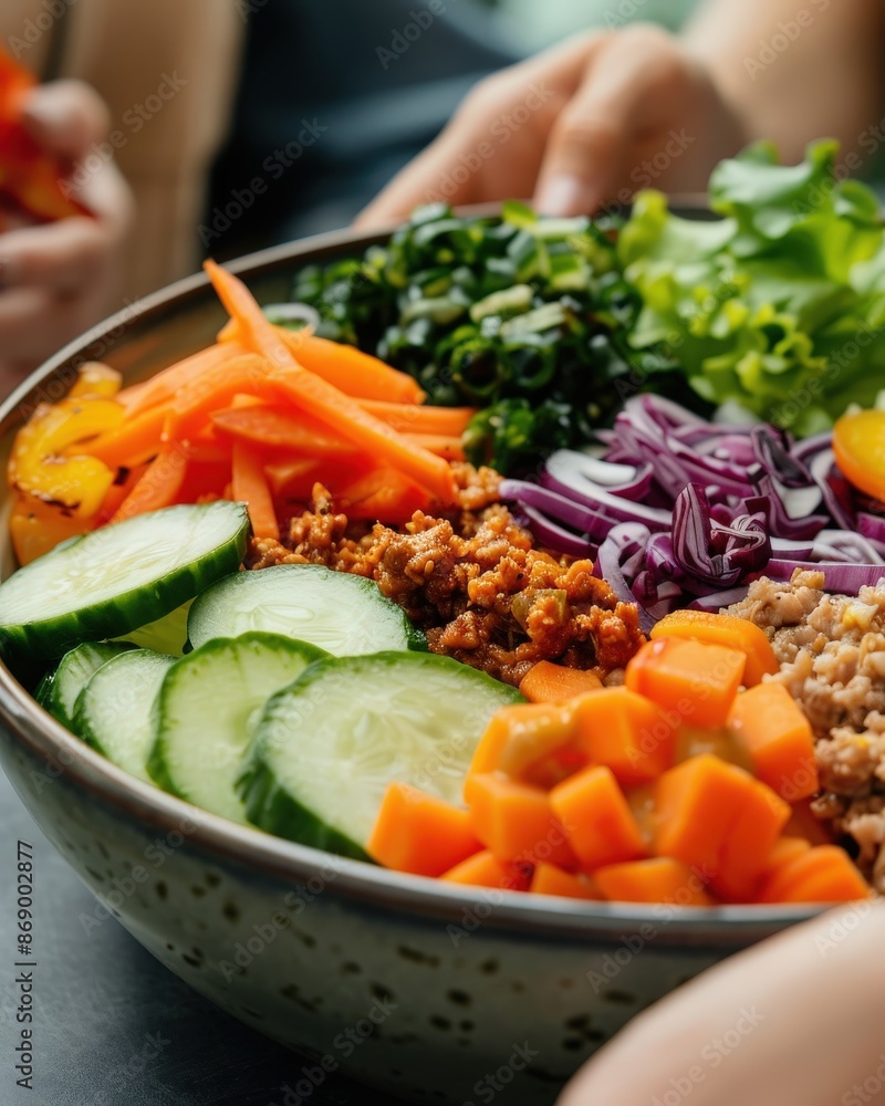 Close-up of a vibrant, healthy salad bowl with fresh vegetables, grains, and greens, perfect for a nutritious meal. Close-up of a vibrant, healthy salad bowl with fresh vegetables, grains, and greens, perfect for a nutritious meal.