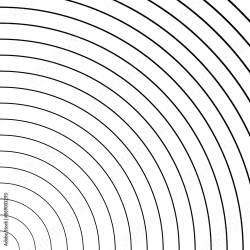 Sound wave irradiation or circular vibrations on the water surface. Circular quarter circle lines stripe background. Abstract radial pattern. Square monochrome backdrop. Vector illustration.