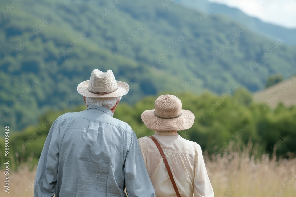 Elderly couple with hats enjoying a scenic mountain view during a nature walk on a sunny day. Elderly couple with hats enjoying a scenic mountain view during a nature walk on a sunny day.