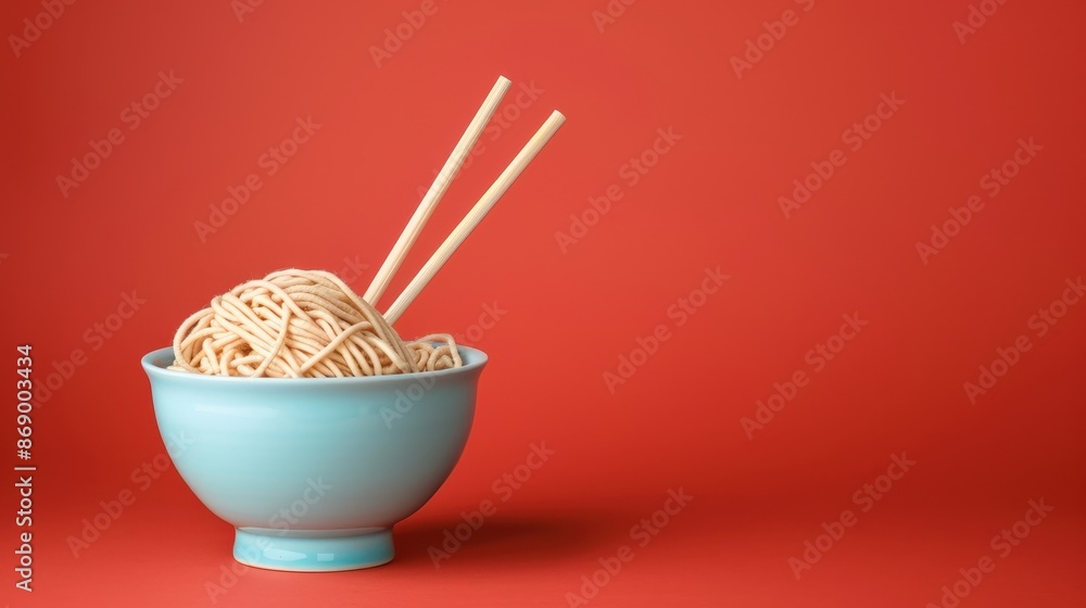 Elegant bowl of noodles with chopsticks on a vibrant red background, showcasing Asian cuisine in a minimalist and colorful setting. Elegant bowl of noodles with chopsticks on a vibrant red background, showcasing Asian cuisine in a minimalist and colorful setting.