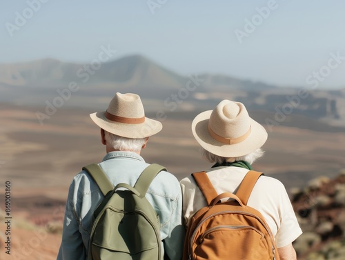 Two elderly hikers with backpacks and sun hats enjoy a scenic desert view, symbolizing adventure and companionship in their golden years. photo