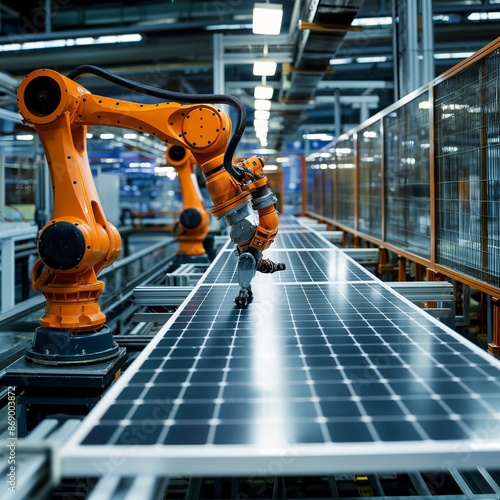 Industrial robotic arm on a production line in a modern solar panel factory, robotic arm, technology, manufacturing, industry, production, Wide shot of a modern solar panel production line 