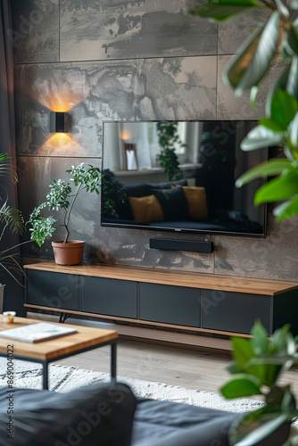Black digital smart TV mounted on a wall, sleek home entertainment setup photo
