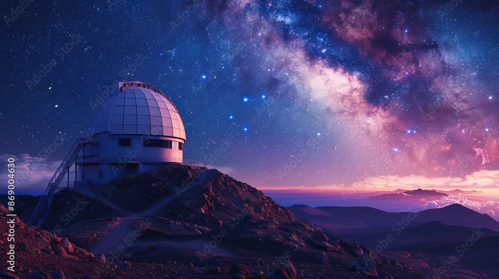 Nighttime scene with professional telescope on a mountain peak, space observatory, star-filled sky, detailed and serene, majestic view Nighttime scene with professional telescope on a mountain peak, space observatory, star-filled sky, detailed and serene, majestic view