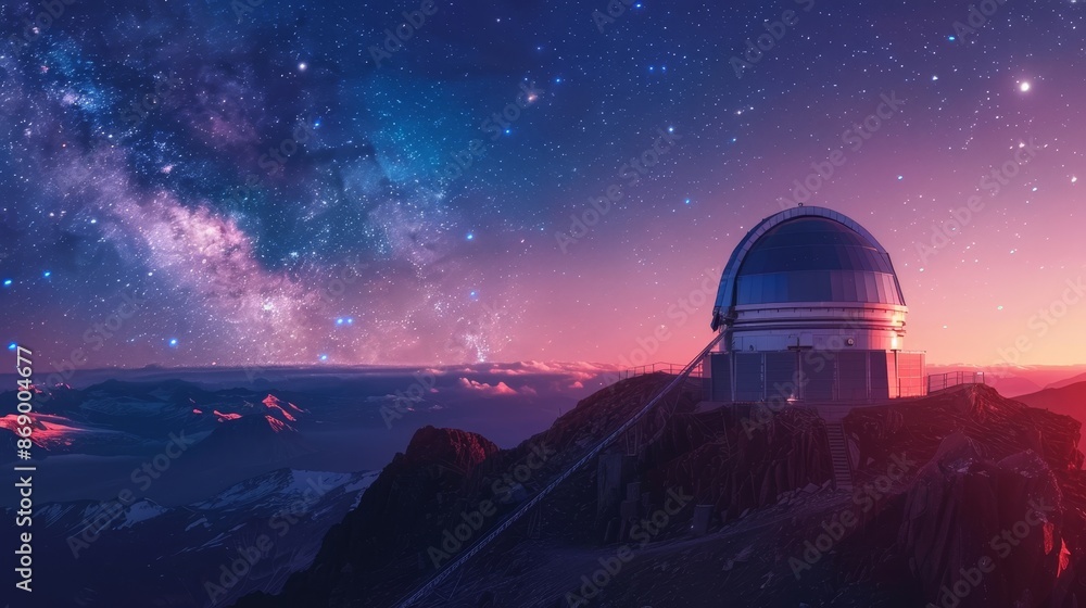 Nighttime scene with professional telescope on a mountain peak, space observatory, star-filled sky, detailed and serene, majestic view Nighttime scene with professional telescope on a mountain peak, space observatory, star-filled sky, detailed and serene, majestic view