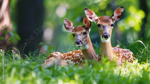 Fototapeta Naklejka Na Ścianę i Meble -  Fellow deer s hind and calf resting in the grass