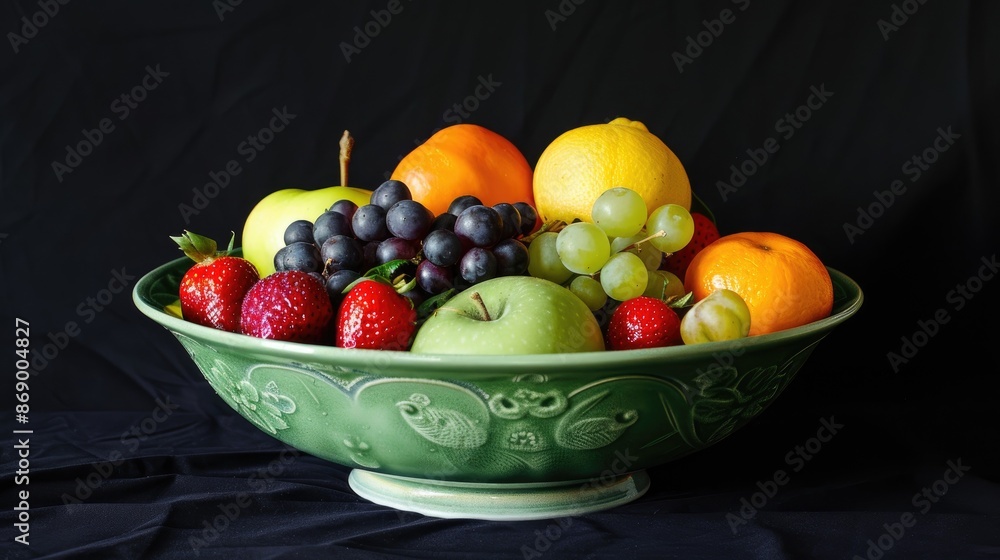 Fruits in a green bowl against a black backdrop Fruits in a green bowl against a black backdrop