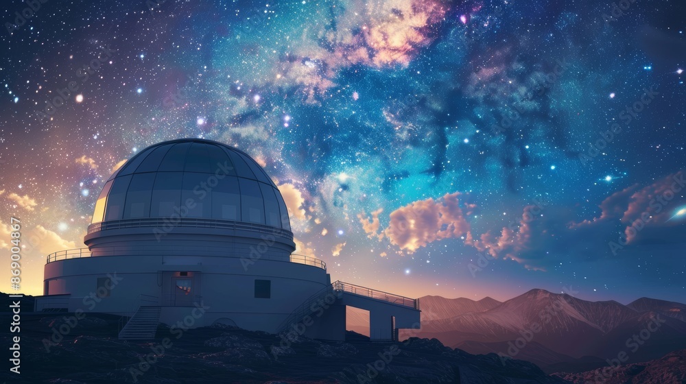 Observatory at high altitude, automatic bearing system, rotating platform, viewing distant stars and galaxies, intricate and cosmic Observatory at high altitude, automatic bearing system, rotating platform, viewing distant stars and galaxies, intricate and cosmic