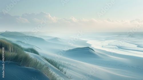 North Sea coast with misty morning light, sand dunes creating soft contours, detailed landscape view, serene and tranquil atmosphere photo